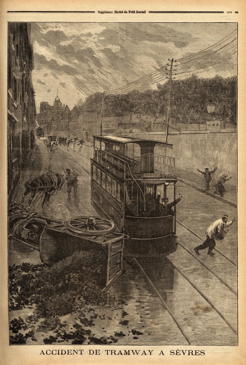 حادث ترام في سيفرس ، أضرار مادية لكن بدون إصابات. نقش في "" مجلة Le petit "" 24/1/1897. مجموعة سيلفا. بواسطة فنان غير معروف