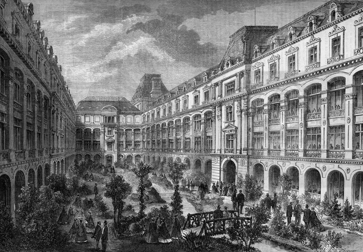 تحولات باريس تحت الإمبراطورية الثانية ، Paris Haussmann: Place du Chateau d'eau. لم شمل حديقة المحلات التجارية. بواسطة فنان غير معروف