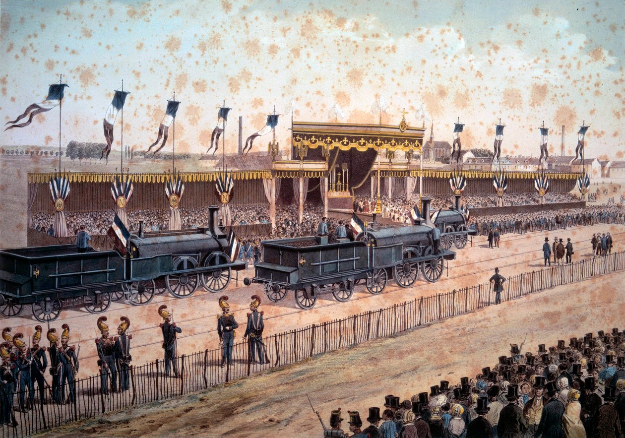 النقل: تدشين خط السكة الحديد بين باريس وستراسبورغ. 1864. نقش باريس ، ب. بواسطة فنان غير معروف
