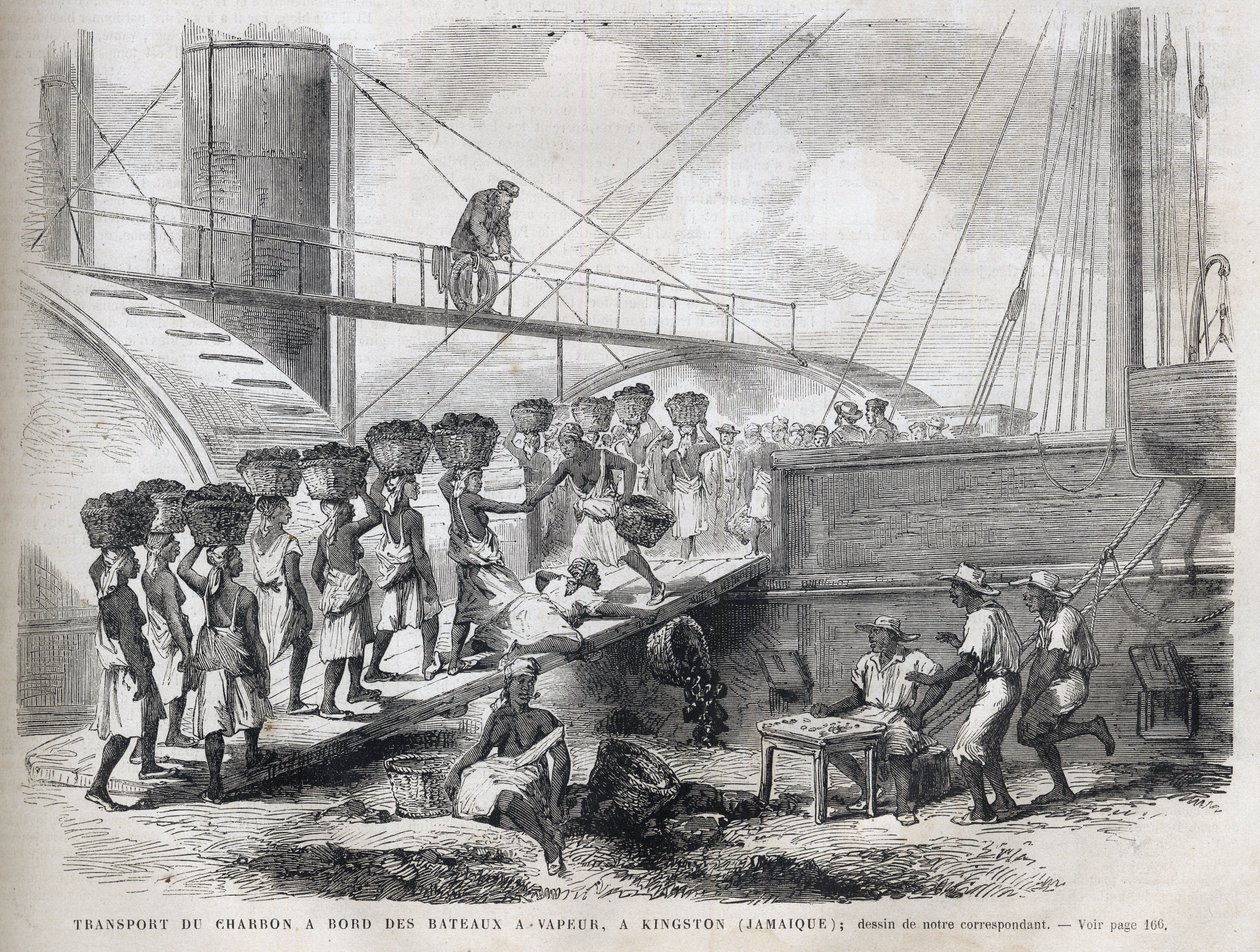 نقل الفحم على متن السفن البخارية في كينغستون (جامايكا) - تحميل الفحم في كينغستون - جامايكا - 1866 نقش من "" الكون المصور "" 1866 بواسطة فنان غير معروف