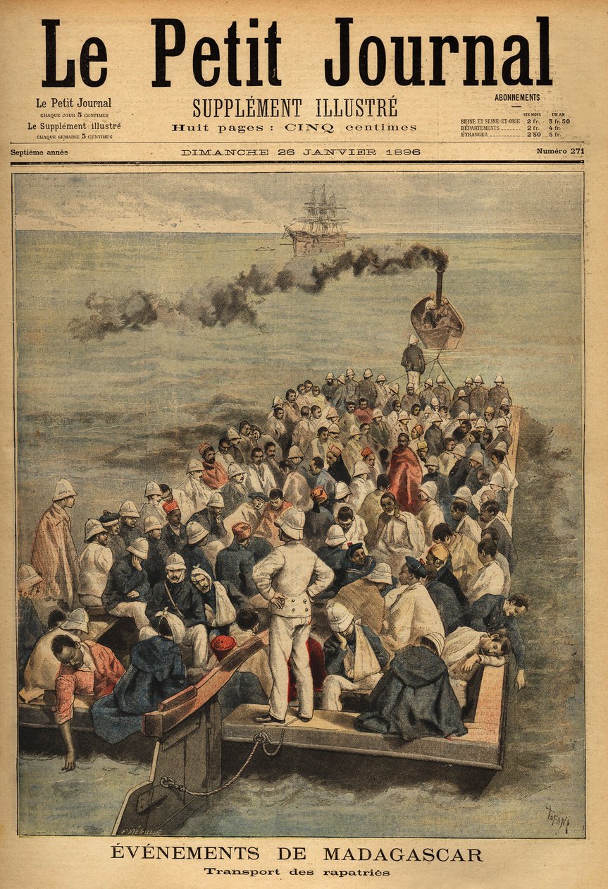 نقل الجرافات المصابة من مدغشقر. نقش في "" Le petit journal "" 26/01/1896. مجموعة سيلفا. بواسطة فنان غير معروف