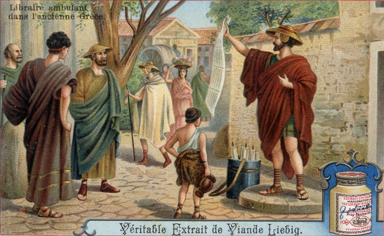 بائع كتب متجول في اليونان القديمة. Chromolithography ، صورة Liebig. بواسطة فنان غير معروف