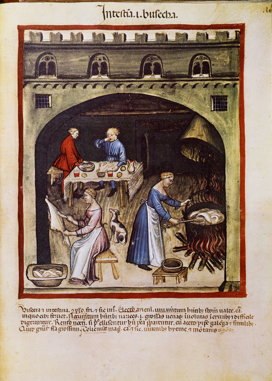علاج دواء: "طبخ أحشاء الحيوانات" "". الصفحة مأخوذة من "" Tacuinum sanitatis "(كود سر. نوفمبر 2644) حوالي 1400 فيينا ، Osterreischische Nationalbibliothek بواسطة فنان غير معروف