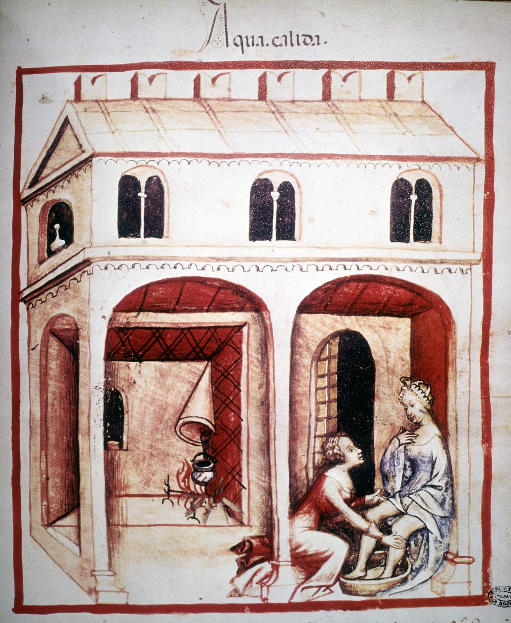 رسالة في الطب "" Tacuinum sanitatis "" القرن الرابع عشر: استخدام الماء الساخن. BN ، فيينا. بواسطة فنان غير معروف