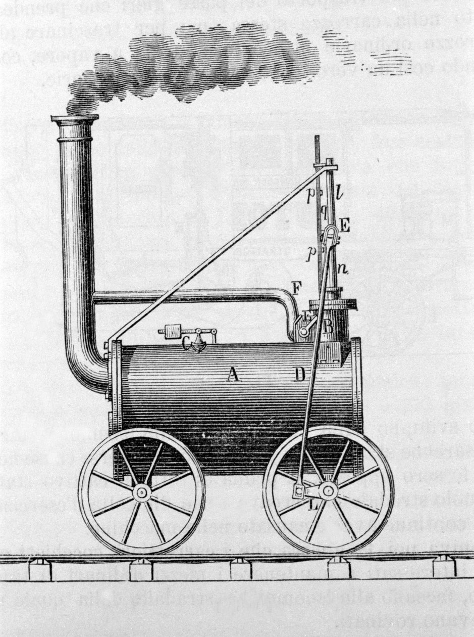 قاطرة Trevithick. نقش القرن التاسع عشر. بواسطة فنان غير معروف