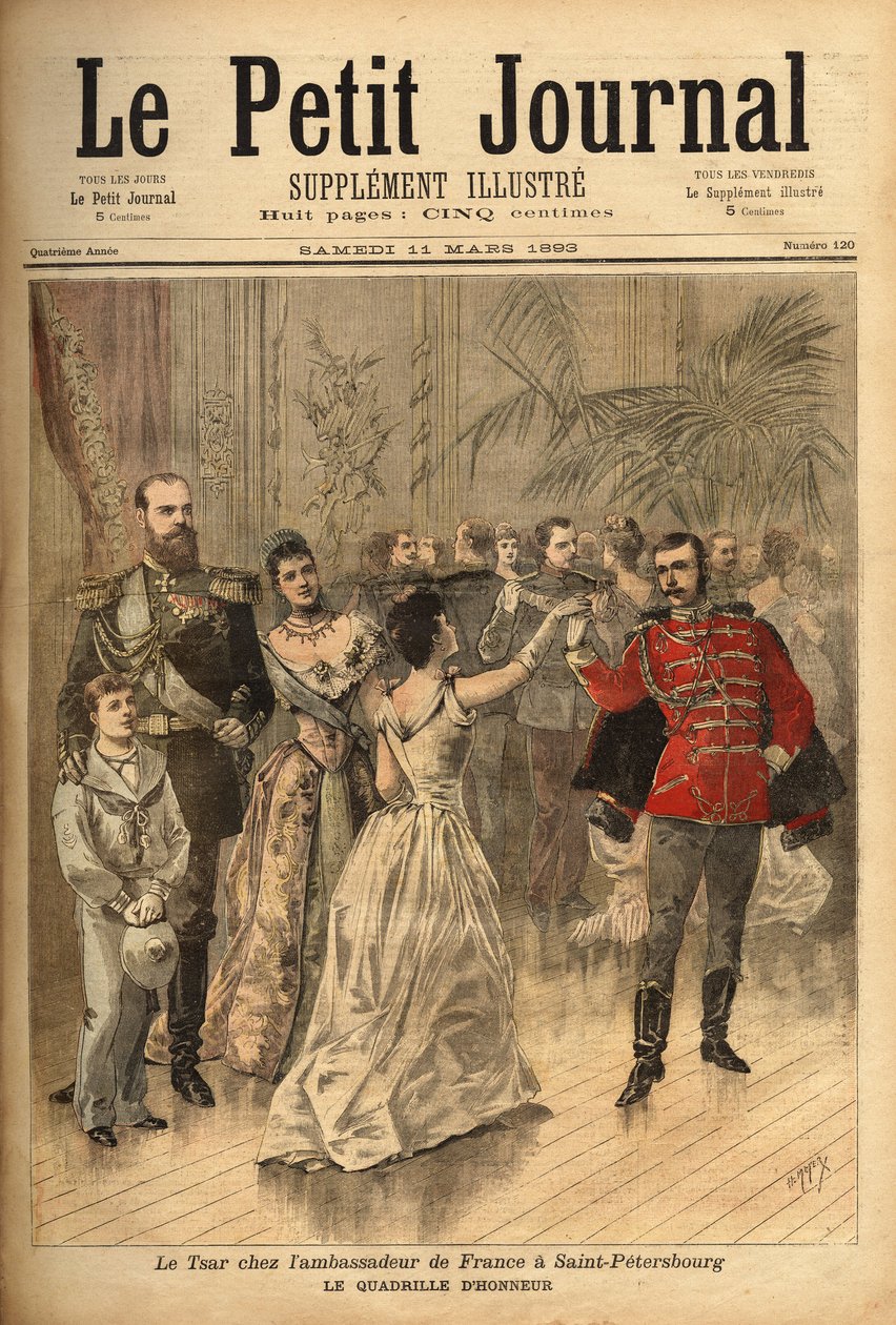 القيصر الكسندر الثالث (1815-1894) يرقص على رقعة الشرف في وليمة أقامها كونت مونتيبيلو ، السفير الفرنسي في روسيا. نقش في "" مجلة Le Petit "" 11/03/1893. مجموعة سيلفا. بواسطة فنان غير معروف