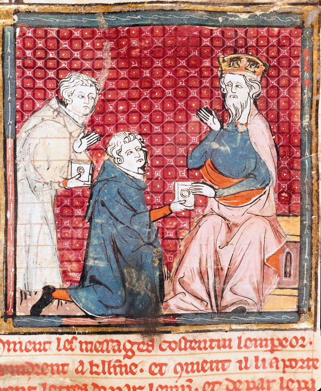 أعلن اثنان من الرسل في شارلمان (742-814) الانتصار على المسلحين المصغرين من "Grandes Chronicles de France" 1375-1379 مكتبة البلدية ، Castres بواسطة فنان غير معروف
