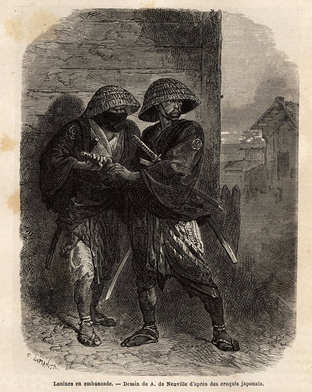 اثنان من رونين (الساموراي فقد سيده) يقفان في كمين. نقش لتوضيح الرحلة إلى اليابان ، في ١٨٦٣-١٨٦٤ ، بقلم آيم همبرت ، وزير الاتحاد السويسري ، في "" Le Tour du monde ، nouveau journal des voyages "المنشور تحت direc بواسطة فنان غير معروف