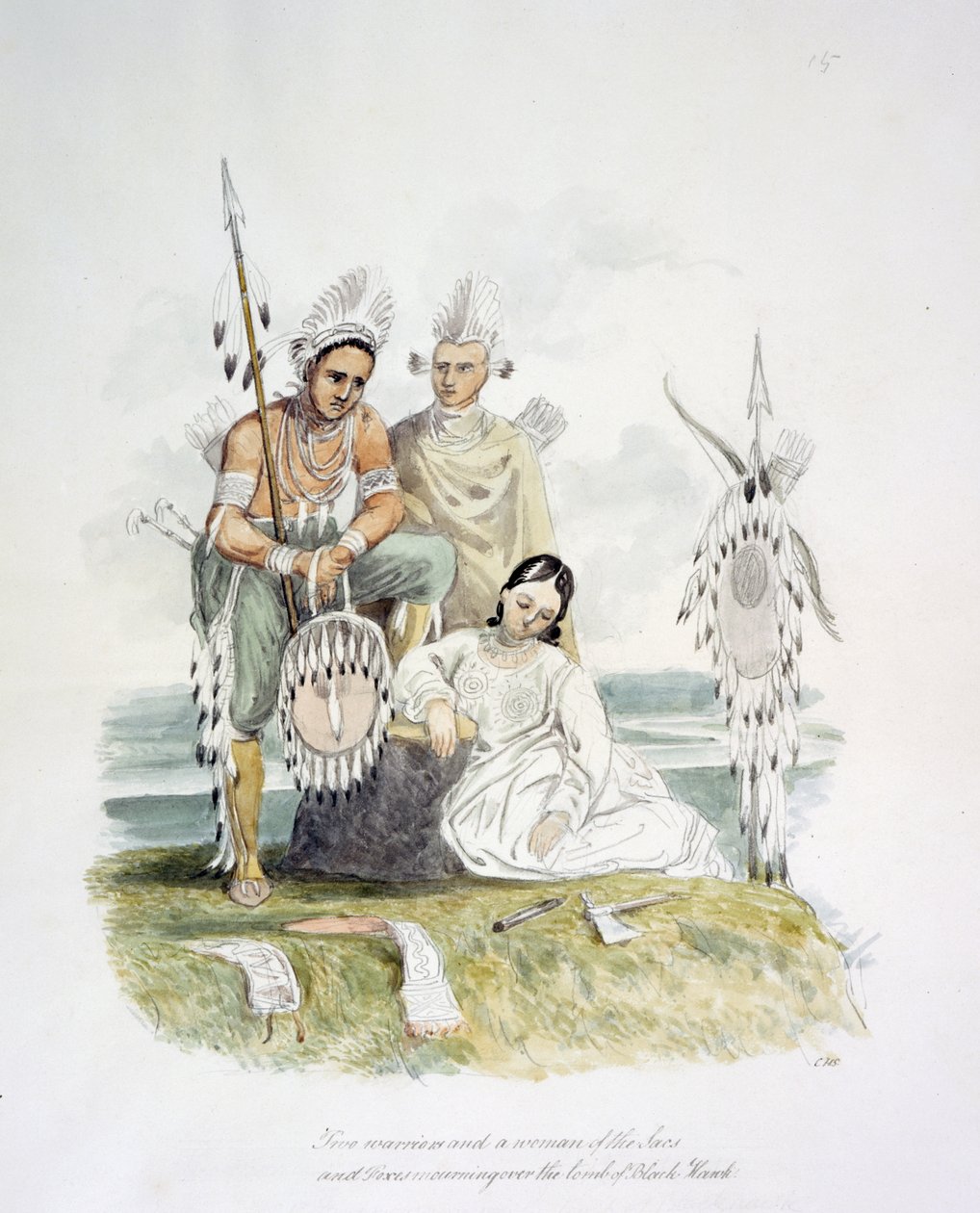 محاربان وامرأة من الحويصلات والثعالب حدادًا على قبر بلاك هوك، حوالي 1843-50 (ألوان مائية) بواسطة فنان غير معروف
