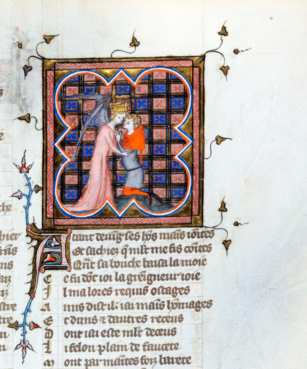 "" ملاك متوج يحتضن رجلاً "" صفحة مضيئة من مخطوطة "Le Roman de la Rose" بقلم Guillaume de Lorris (حوالي 1200-1238) وجان دي مون (Meung) (1240-1305) حوالي 1353 سويسرا Bibliotheque de Geneve بواسطة فنان غير معروف