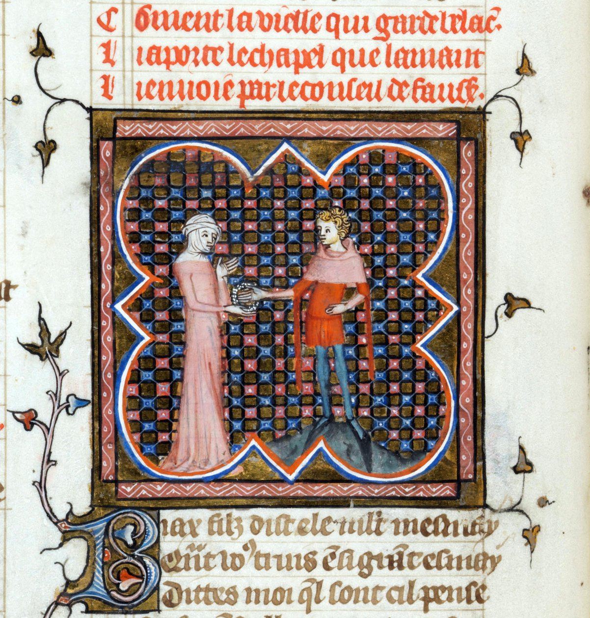 "" شاب وامرأة عجوز "" صفحة مضيئة من مخطوطة "Le Roman de la Rose" بقلم Guillaume de Lorris (حوالي 1200-1238) وجان دي مون (Meung) (1240-1305) حوالي 1353 سويسرا Bibliotheque de Geneve بواسطة فنان غير معروف