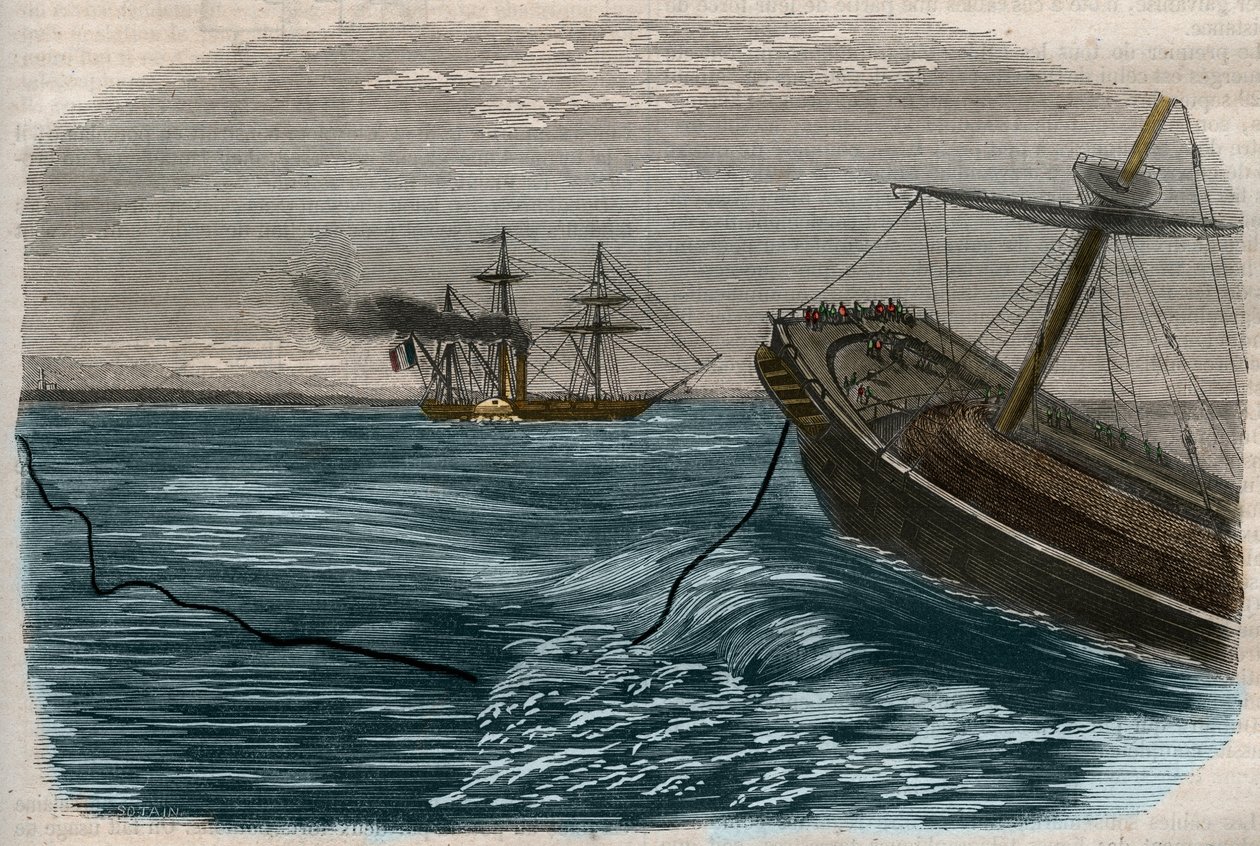 خطوط التلغراف تحت الماء: مد كبل بحري (غواصة) نقش 1857. بواسطة فنان غير معروف