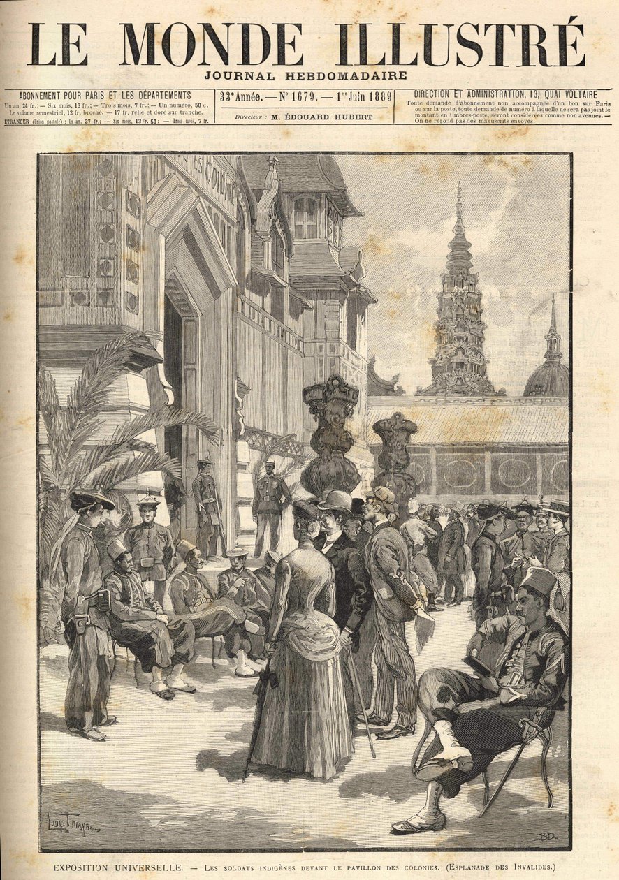 المعرض العالمي 1889 - جنود من السكان الأصليين أمام الجناح الاستعماري (Esplanade des Invalides). غلاف “Le Monde Illustré” ”من 06/01/1889. بواسطة فنان غير معروف