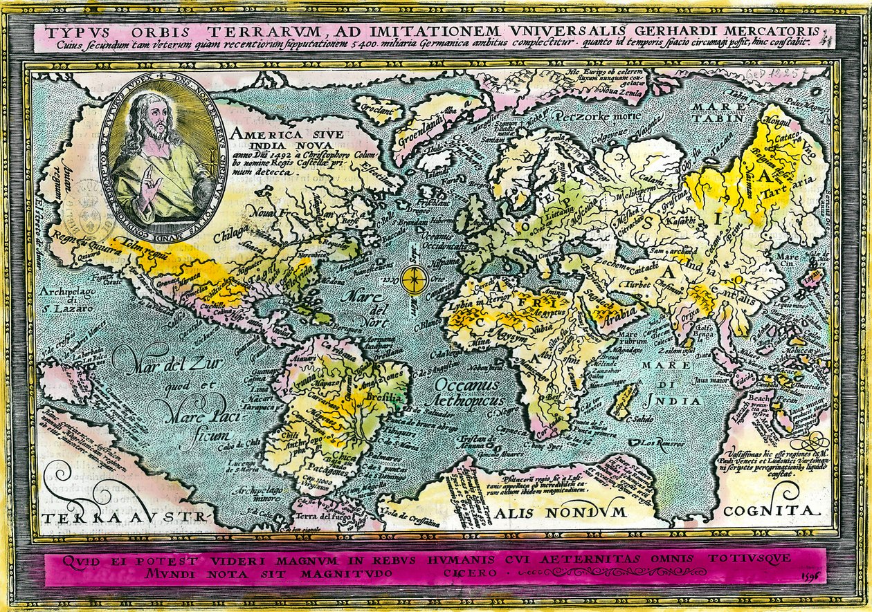 خريطة جغرافية عالمية (خريطة العالم) لعام 1596. نقش. مجموعة خاصة. بواسطة فنان غير معروف