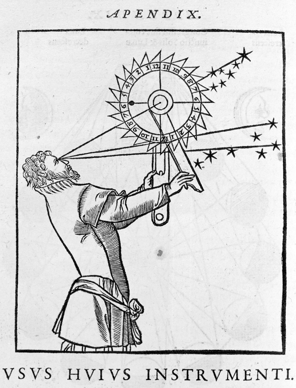 استخدام جهاز لحساب الوقت بالنسبة إلى النجوم في الليل (الإسطرلاب) - Cosmographia de Pietro Apiano ، باريس 1551. بواسطة فنان غير معروف