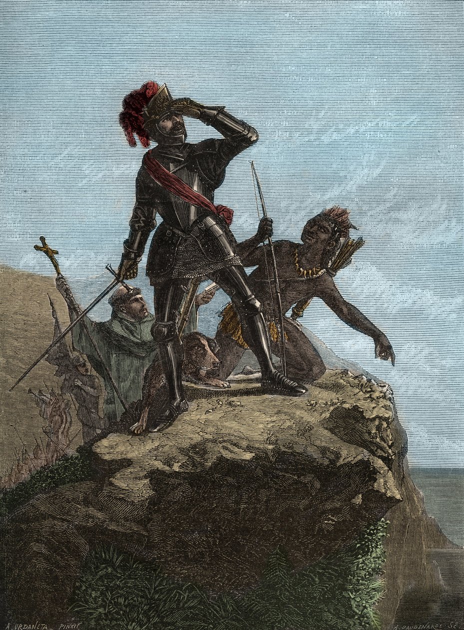 VASCO NUNEZ de BALBOA (1475-1519) - مستكشف إسباني - اكتشف بالبوا المحيط الهادي عام 1513 - Conquete de l'Ouest: يمكن اكتشافه من المحيط الهادئ بواسطة فاسكو نونيز دي بالبوا في عام 1513 - نقش بعد اللوحة بواسطة السيد Urdaneta بواسطة فنان غير معروف