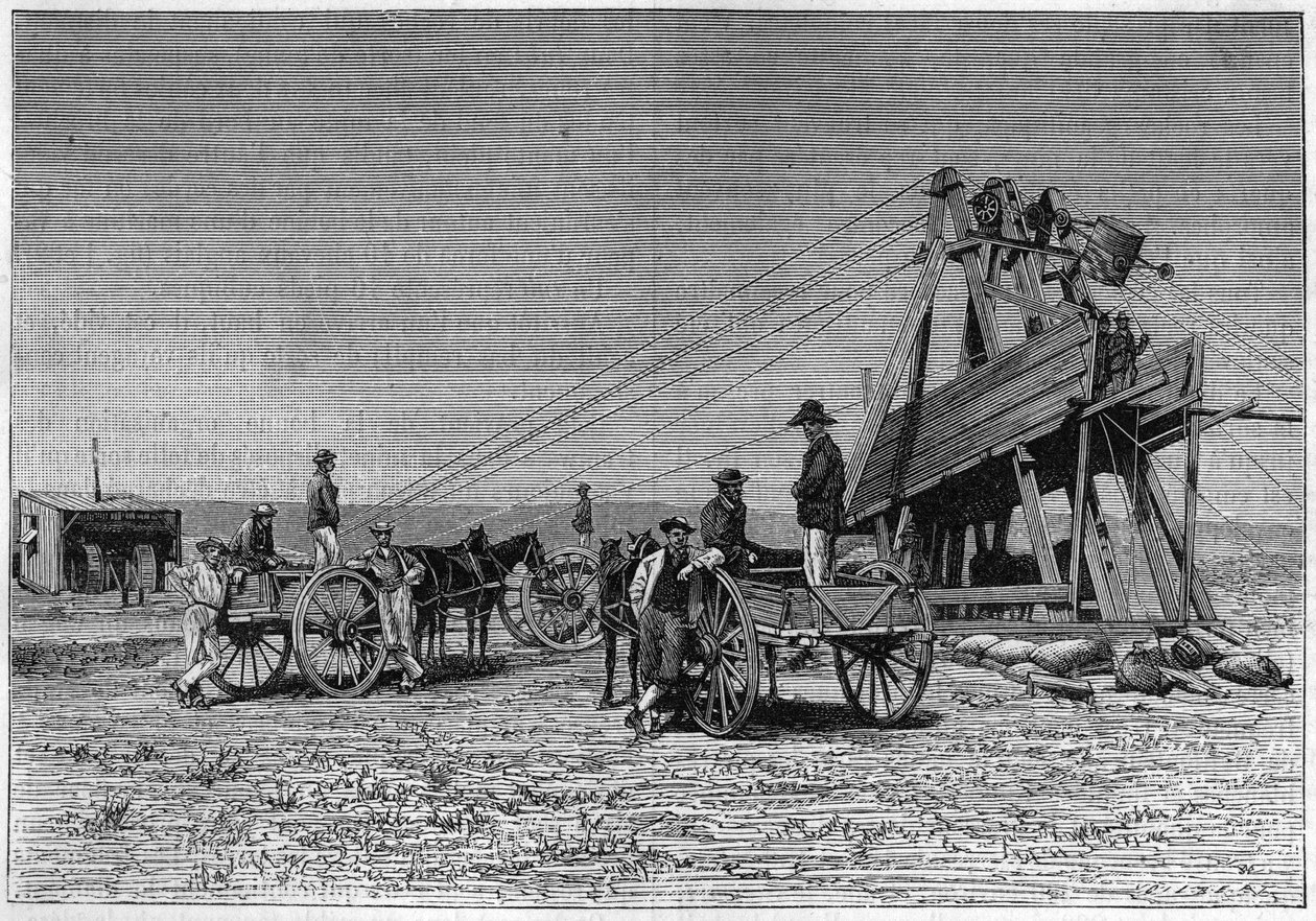 منظر من سطح منجم Kimberley Diamond في جنوب إفريقيا. نقش من عام 1883. بواسطة فنان غير معروف