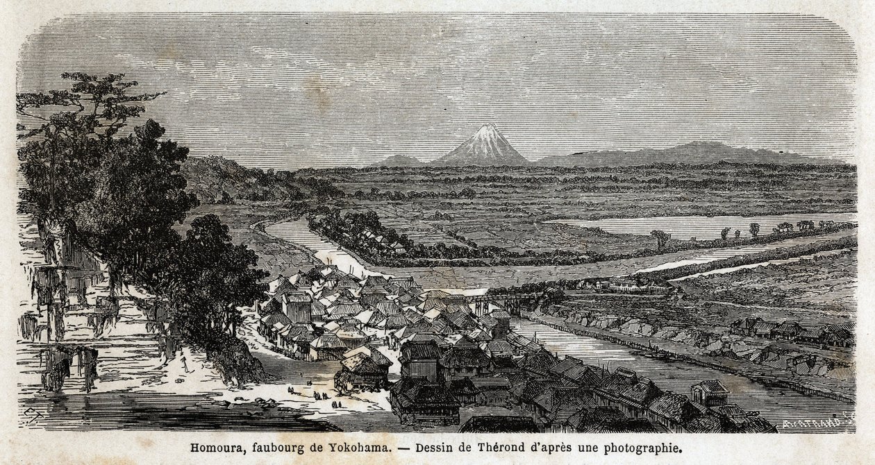 View of Homoura, suburb of Yokohama, with Mount Fuji in the background. Engraving to illustrate the voyage to Japan in 1863-1864, by Aime Humbert, minister of the Swiss Confederation, in “Le tour du monde, nouveau journal des voyages”, published under the  بواسطة فنان غير معروف