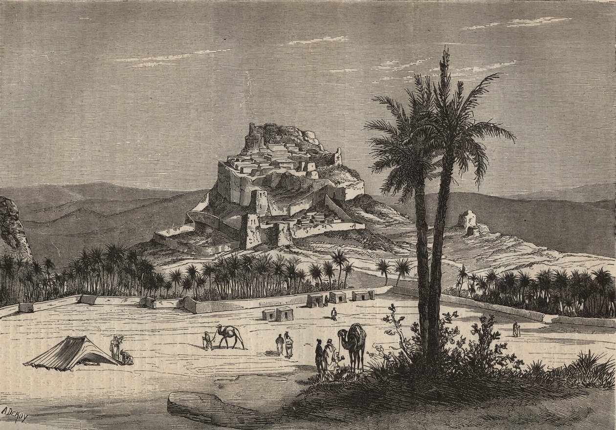 منظر لوادي الجولية (المنيا أو المنيا سابقا الجولية) في الجزائر جنوب ولاية وهران في نهاية القرن التاسع عشر - نقش بواسطة فنان غير معروف