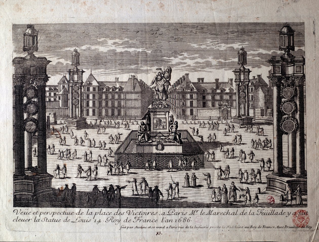 منظر لـ Place des Victoires في باريس مع تمثال لويس الرابع عشر مرفوعًا بواسطة marechal de la Feuillade في عام 1686. نقش من القرن السابع عشر في باريس ، متحف Carnavalet بواسطة فنان غير معروف