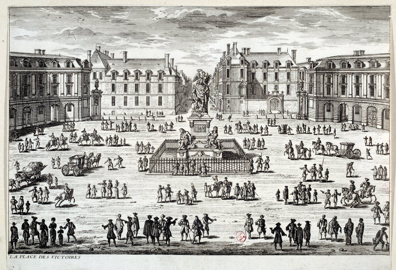 منظر لـ Place des Victoires في باريس مع تمثال لويس الرابع عشر مرفوعًا بواسطة marechal de la Feuillade في عام 1686. نقش باريس القرن السابع عشر ، متحف كارنافالي بواسطة فنان غير معروف