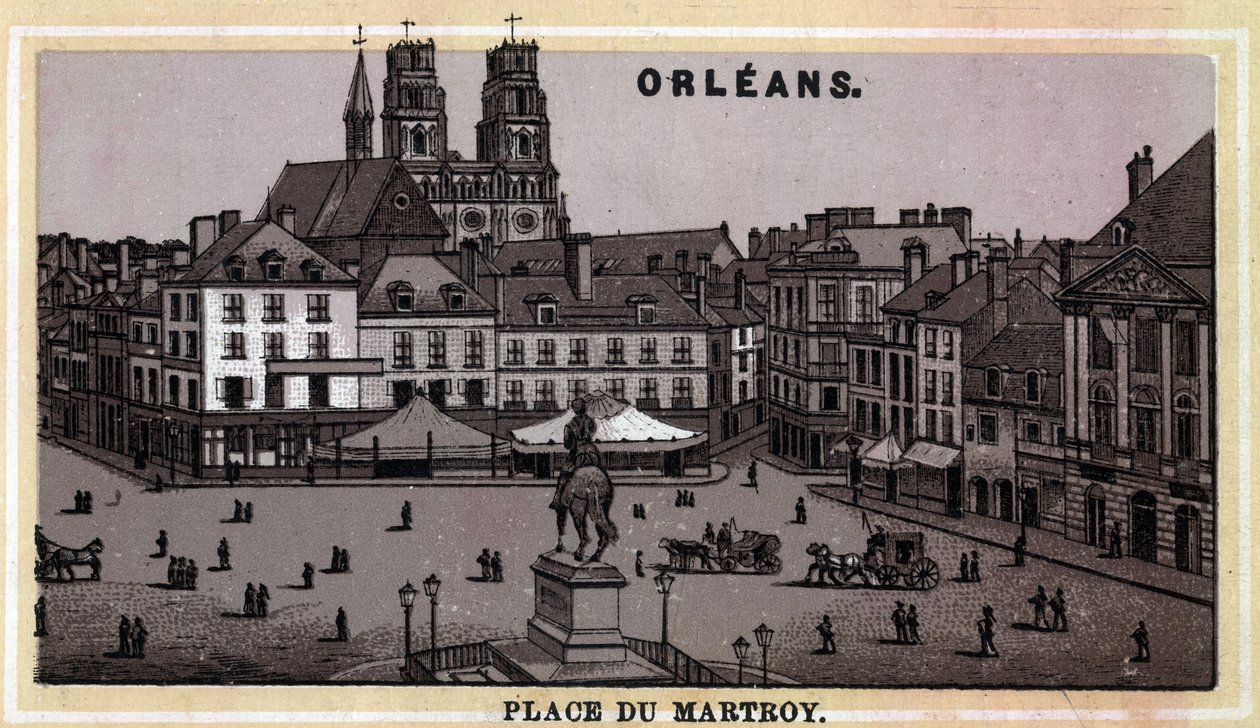 منظر لـ Place du Martroy في أورليانز ، قسم منطقة Loiret and Center ، فرنسا. الطباعة الحجرية الملونة في أواخر القرن التاسع عشر. بواسطة فنان غير معروف