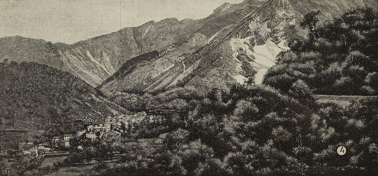 منظر لتورانو بالقرب من كارارا، إيطاليا، وفي الخلفية مقلع رخام، نقش من صورة فوتوغرافية التقطها أ نواك من مجلة إلسترازيوني الإيطالية، السنة الحادية والعشرون، العدد 4، 28 يناير بواسطة فنان غير معروف