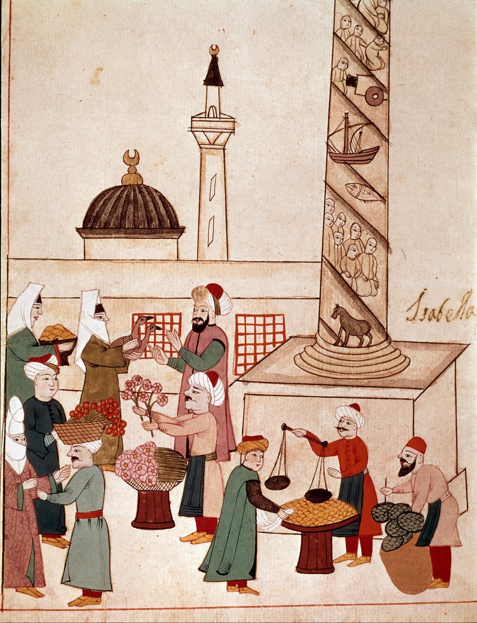 منظر لسوق في القسطنطينية. صورة مصغرة مأخوذة من مخطوطة Cicogna من القرن التاسع عشر (1828) بعد نسخة أصلية من القرن السابع عشر (1671). البندقية ، مكتبة مارسيانا بواسطة فنان غير معروف