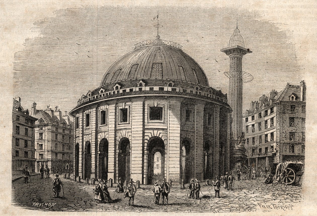 منظر هالي أو بلي في باريس (بني في 1763-1769) وعمود ميديشي ، نقش بداية القرن التاسع عشر - تبادل القمح والذرة في باريس (بني في 1763-1769) ، نقش أوائل القرن التاسع عشر - Vue de la Halle au ble ، يقع في فندق de Soisso الحالي بواسطة فنان غير معروف