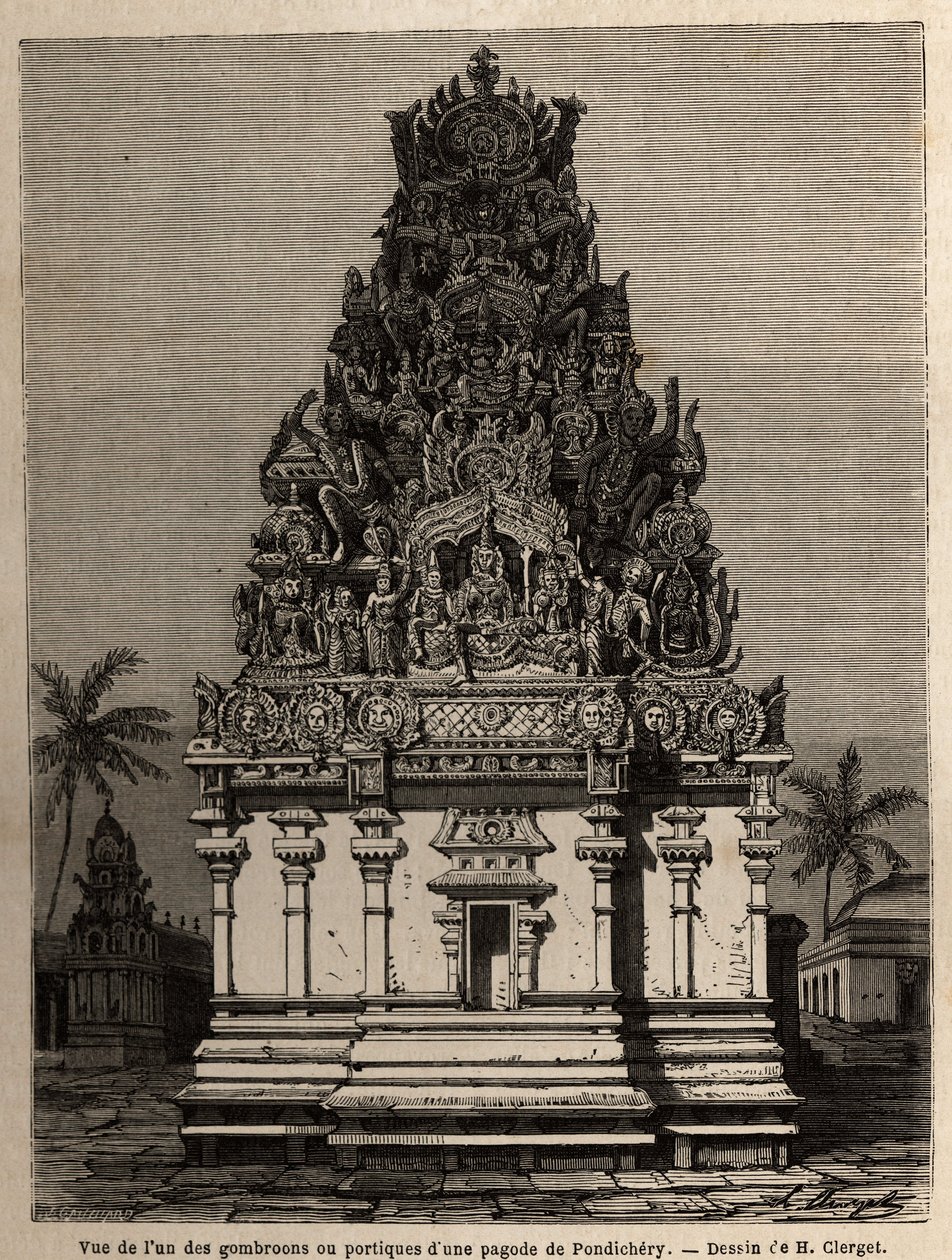منظر لأحد gombrooons أو أروقة معبد pondichery (بونديشيري) (الهند). نقش لتوضيح رحلة استكشافية إلى باغودة شيلامباران (كورومانديل كوت) ، من 1838 إلى 1844 ، من قبل كونتادميرال باريس ، مدير مستودع دي كارتيس بواسطة فنان غير معروف