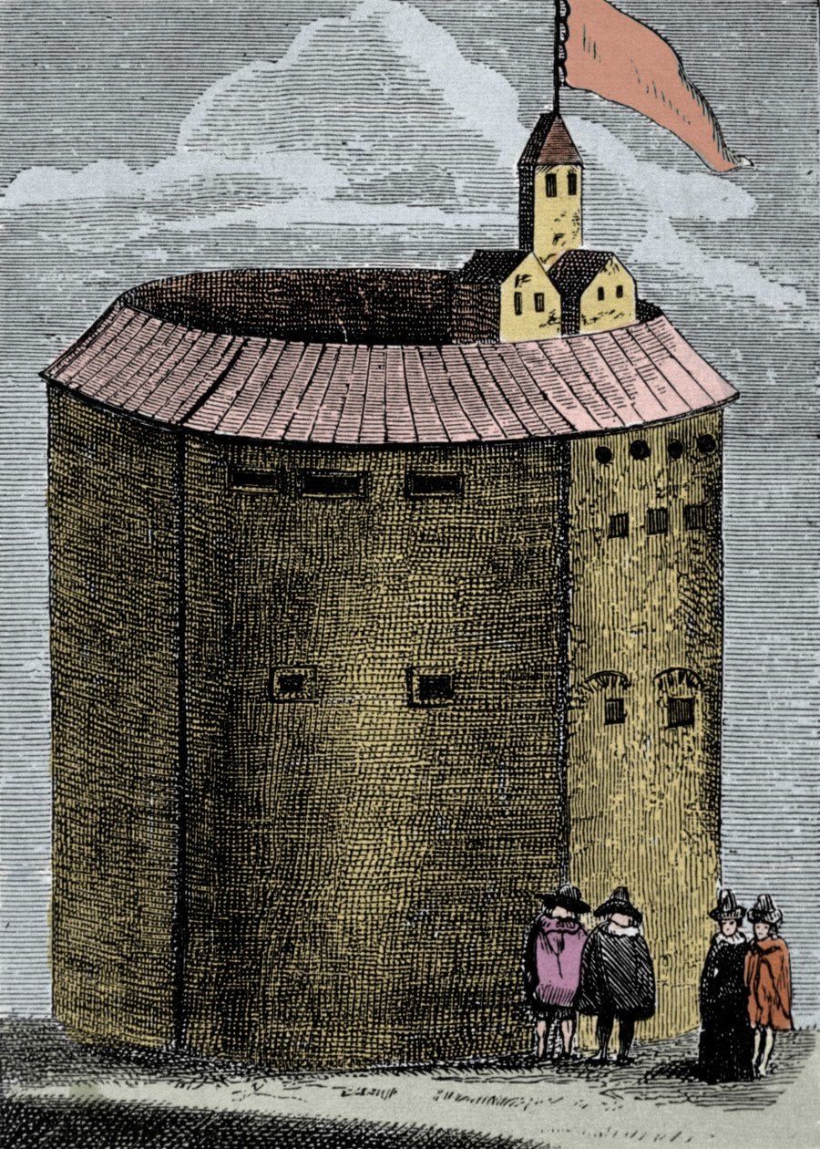 منظر لمسرح لندن جلوب في زمن ويليام شكسبير (1564-1612). نقش القرن التاسع عشر. بواسطة فنان غير معروف