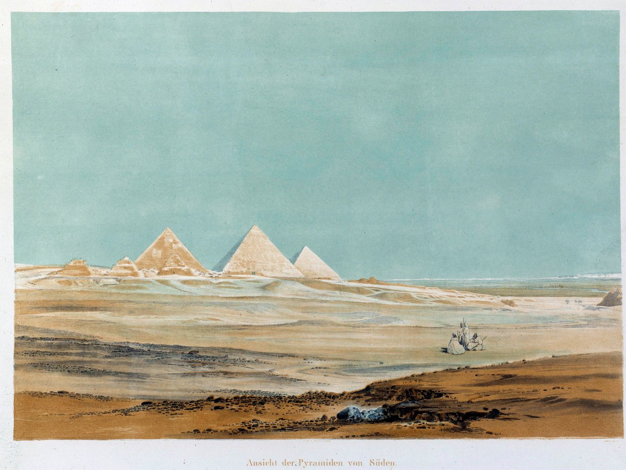 منظر لأهرامات الجيزة (الجيزة ، الجيزة ، الجيزة) ، مصر. رسم توضيحي للقرن التاسع عشر في باريس ، كلية فرنسا بواسطة فنان غير معروف