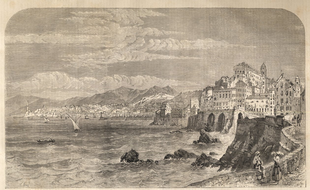 منظر لميناء جنوة القديم - منظر لميناء الجينات - جينوفا في عام 1861 - نقش بواسطة فنان غير معروف