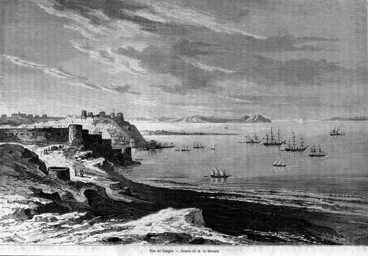 منظر لخليج مدينة طنجة المحصنة والساحل المغربي. نقش من عام 1860. بواسطة فنان غير معروف