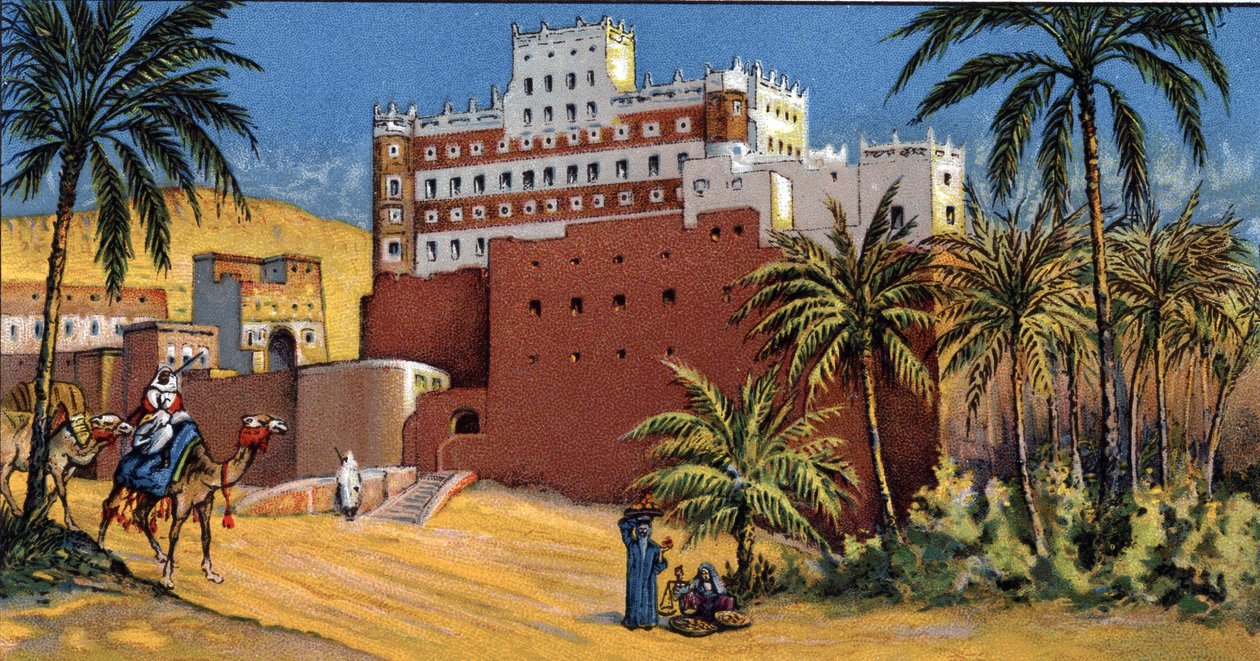 منظر لقلعة السلطان الكثيري (قصر السلطان الكثيري) سيئون (سيئون أو سيئون) حضرموت، اليمن طباعة كروموليثوغرافية من ثلاثينيات القرن العشرين مجموعة خاصة بواسطة فنان غير معروف