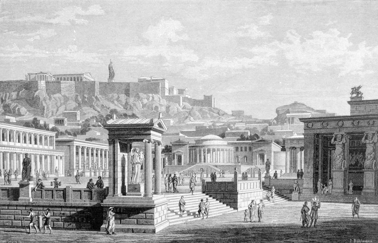 منظر لوسط مدينة أثينا. نقش من عام 1877. بواسطة فنان غير معروف