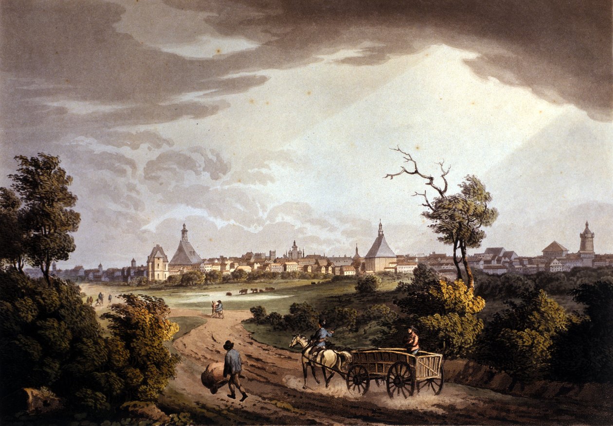 منظر لمدينة لايبزيغ في ألمانيا. مطبوعات حجرية من حوالي عام 1820. بواسطة فنان غير معروف