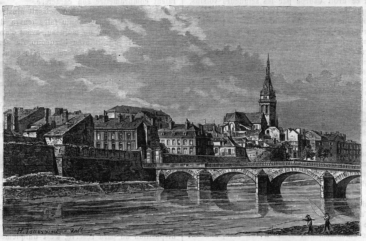 منظر لمدينة Mezieres في نهاية القرن التاسع عشر. نقش في "" le journal de la Jeunesse "" لعام 1888. بواسطة فنان غير معروف