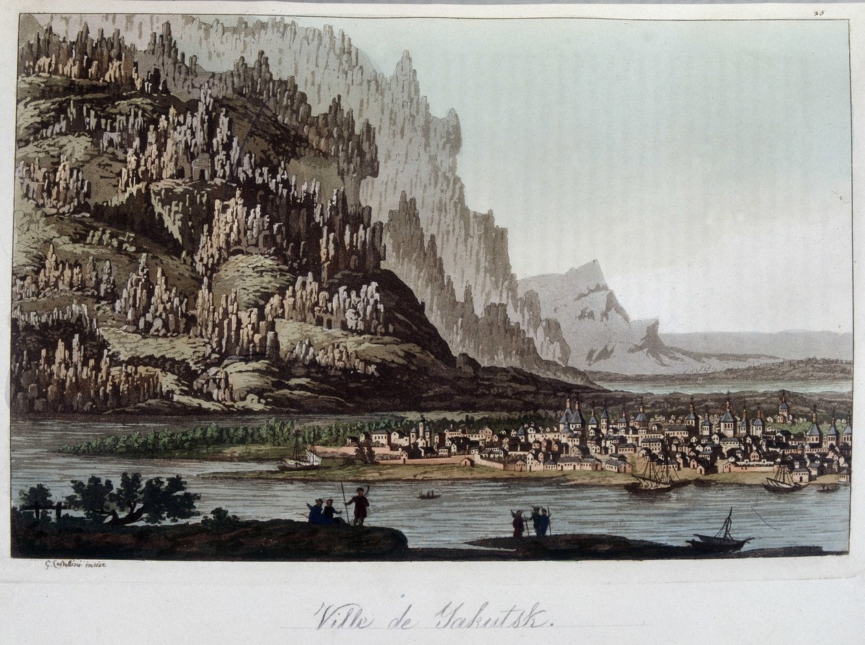منظر لمدينة ياكوتسك في روسيا. في "" الزي القديم والحديث "1819-1820 ، بواسطة Ferrario. بواسطة فنان غير معروف