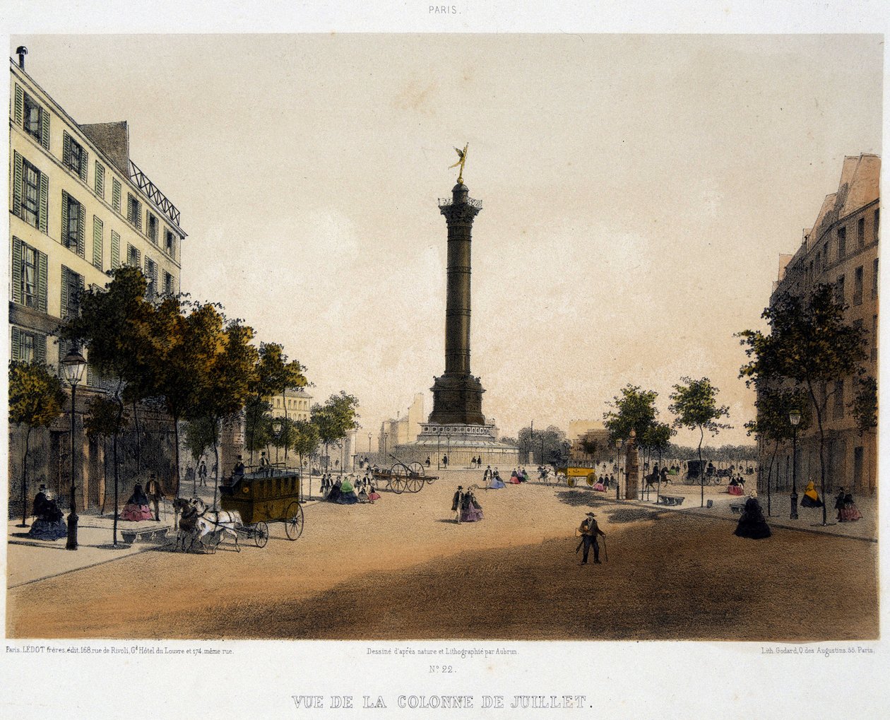 منظر لعمود يوليو (Place de la Bastille) من Boulevard Beaumarchais - الطباعة الحجرية بواسطة فنان غير معروف