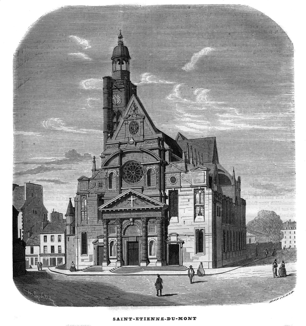 منظر لواجهة كنيسة Saint-Etienne-du-Mont ، Place Sainte-Genevieve (Saint Etienne du Mont) في باريس في الدائرة الخامسة عام 1858. بواسطة فنان غير معروف