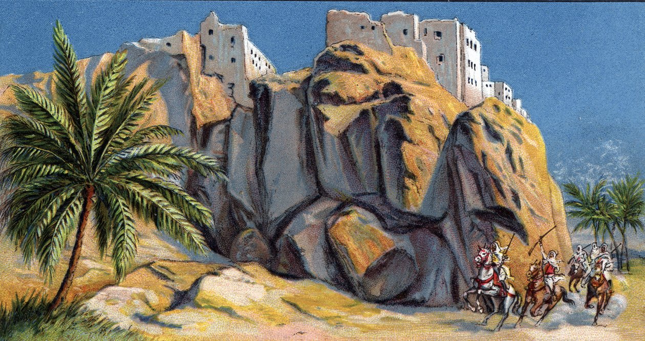 منظر لبلدة الحجرين المحصنة، اليمن (منظر لبلدة الحجرين المحصنة، اليمن) 1930 طبعة كروموليثوغرافيّة مجموعة خاصة بواسطة فنان غير معروف