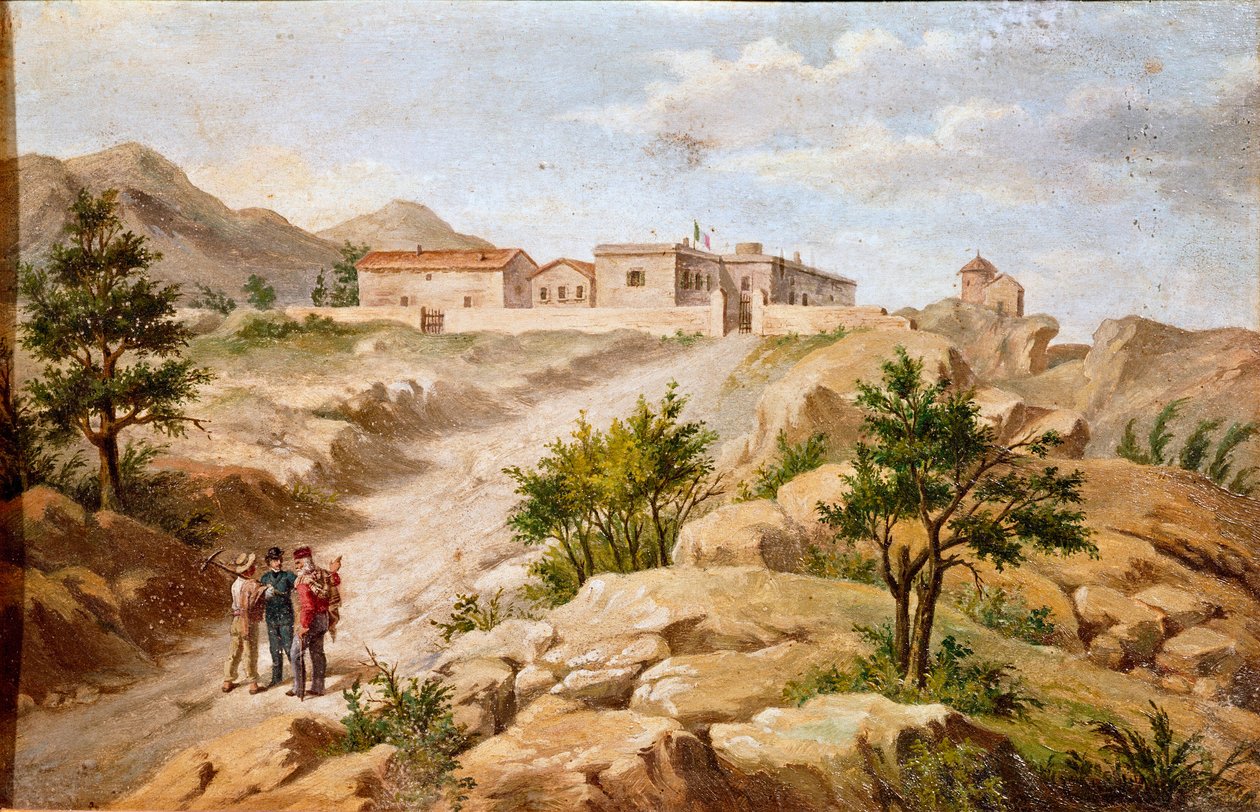 منظر لمنزل الوطني الإيطالي وأبطال Risorgimento جوزيبي غاريبالدي (1807-1882) أ كابريرا (سردينيا) غاريبالدي مع اثنين من الفلاحين على يسار الصورة. لوحة مجهولة من القرن التاسع عشر في روما Museo del Risorgimento بواسطة فنان غير معروف