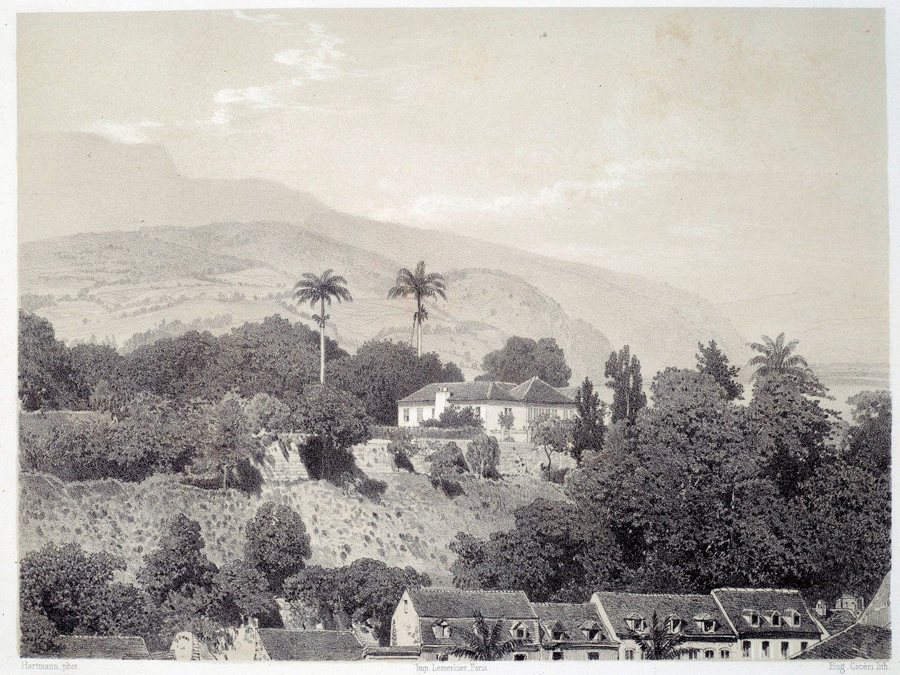منظر للمنازل مأخوذ من Boulevard de la Comedie في Saint Pierre في مارتينيك في جزر الأنتيل. اطبع بعد التصوير الفوتوغرافي من نهاية القرن التاسع عشر متحف شارتر للفنون الجميلة بواسطة فنان غير معروف