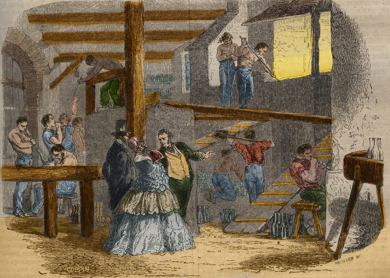 منظر داخلي لآنية زجاجية بها نافخات زجاجية. نقش من 1856 في "" Le Musee Des Sciences "" بواسطة فنان غير معروف