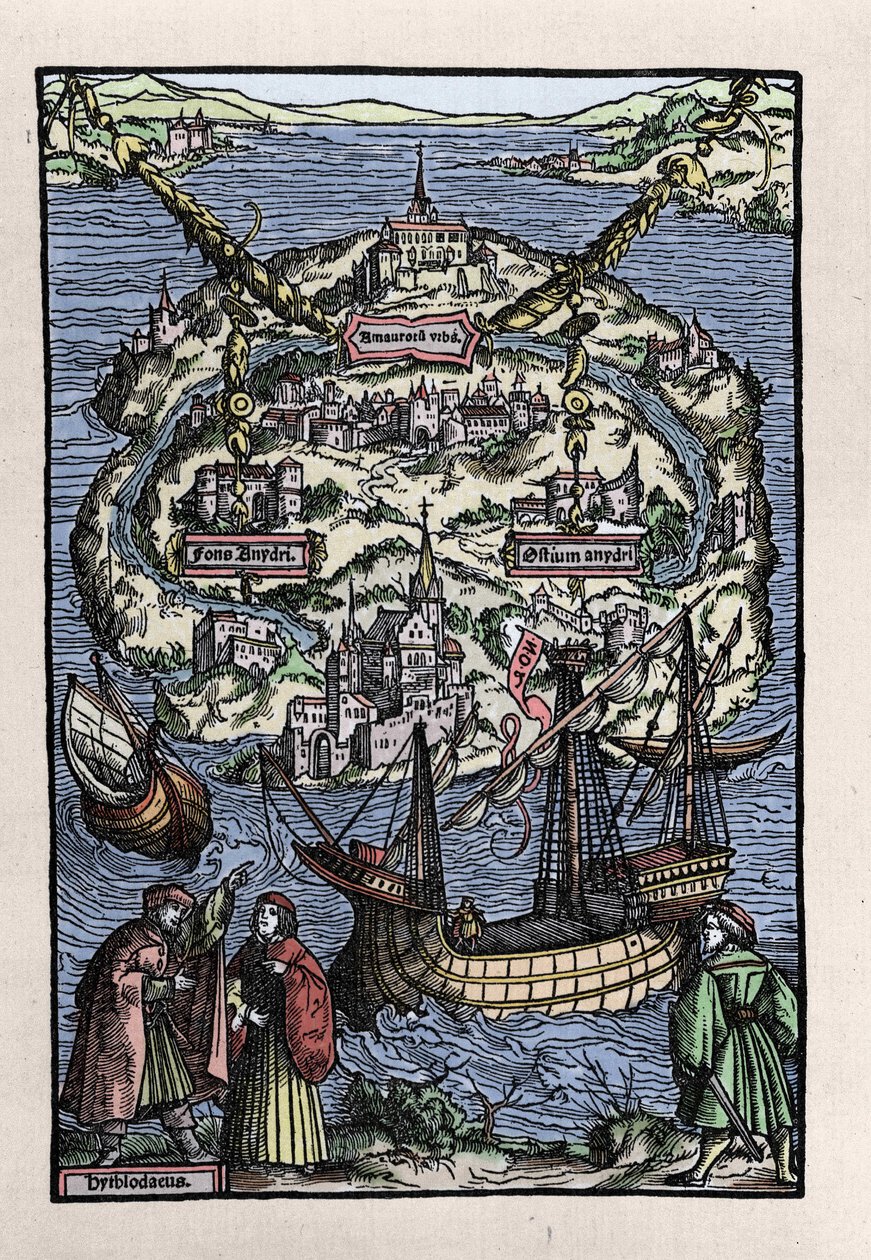 منظر لجزيرة اليوتوبيا (المدينة الفاضلة) من كتاب توماس مور (1478-1535) ، "" De optmo republicae statu deque nova insula Utopia ". نقش يوهان فروبن. 1518. بواسطة فنان غير معروف