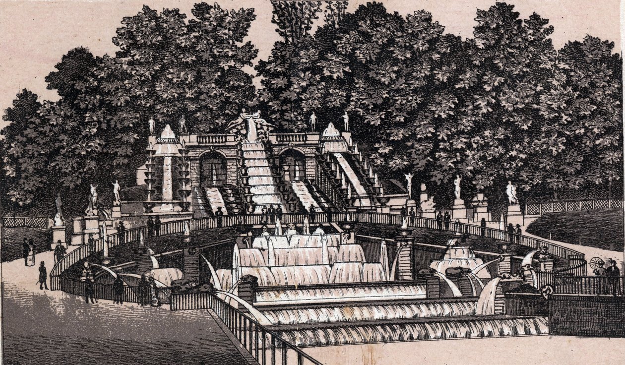 منظر للشلال الكبير في حديقة Saint-Cloud (Saint-Cloud) ، فرنسا. في "" العالم يوضح 168 مشاهدة "" غير مؤرخ (نهاية القرن التاسع عشر) بواسطة فنان غير معروف