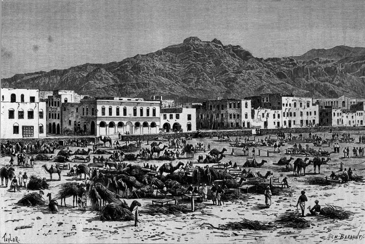 منظر لمسيرة عدن في الحبشة. نقش حوالي عام 1880 بواسطة فنان غير معروف