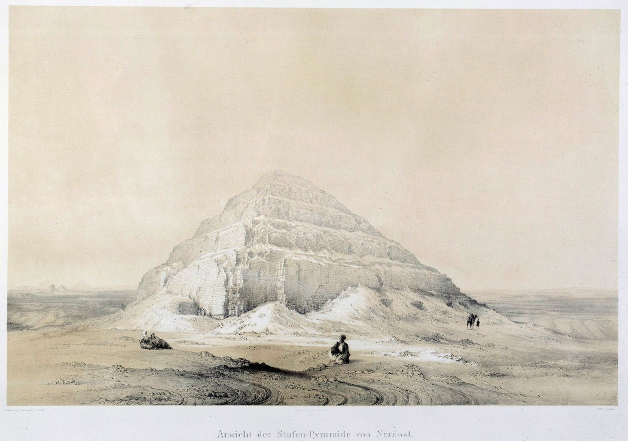 منظر لهرم سقارة. مصر. رسم توضيحي للقرن التاسع عشر في باريس ، كلية فرنسا بواسطة فنان غير معروف