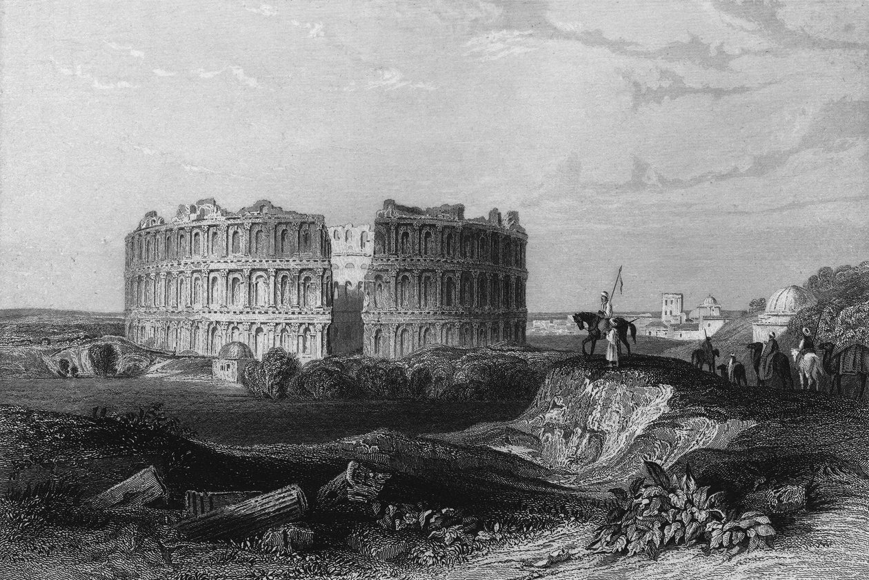 منظر لأطلال مدرج جم في الجزائر في القرن التاسع عشر ، في "" L'Algerie ancienne et moderne "بقلم ليون غاليبرت بواسطة فنان غير معروف
